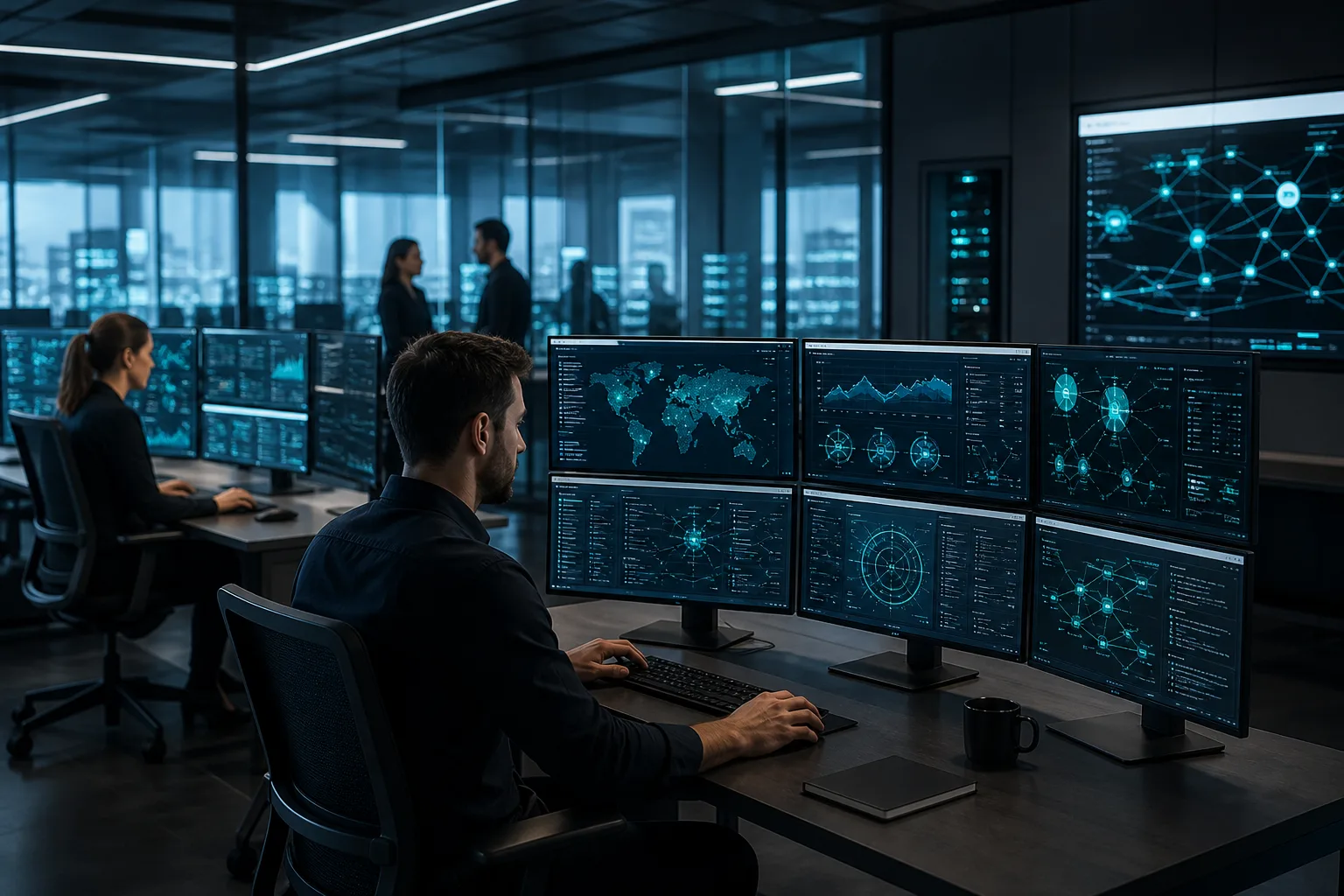 IT professionals monitoring network security dashboards